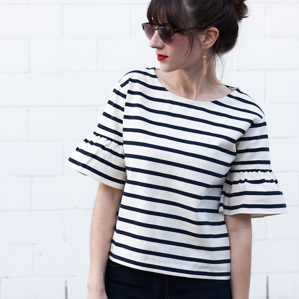 J. Crew Navy & White Stripe Ruffle Sleeve Top Size Medium